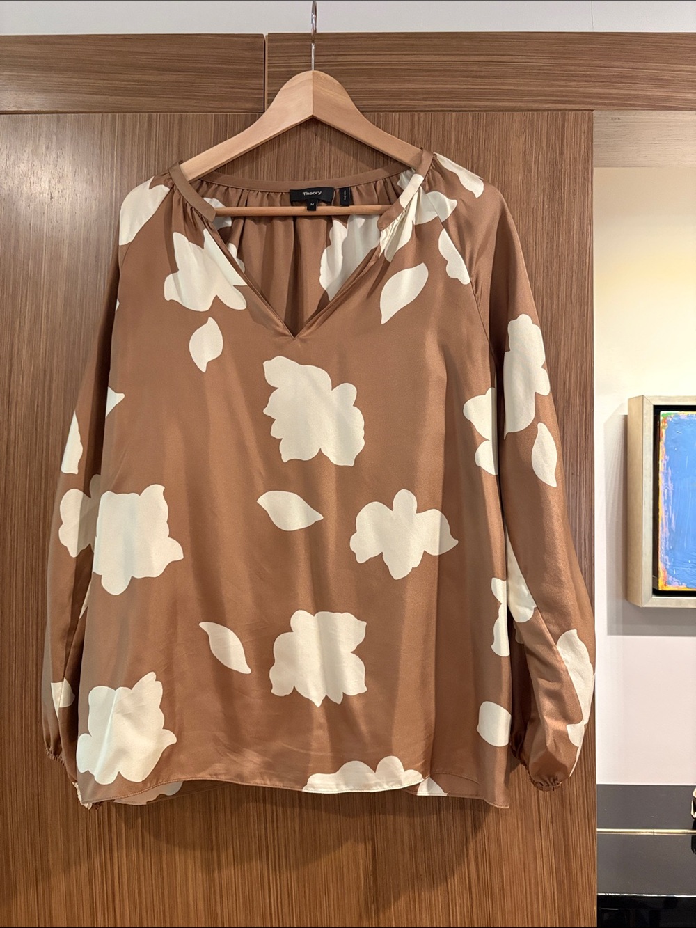 Theory: Petal Silk Puff Sleeve Blouse. Size M, Bright Camel - Picture 12 of 16